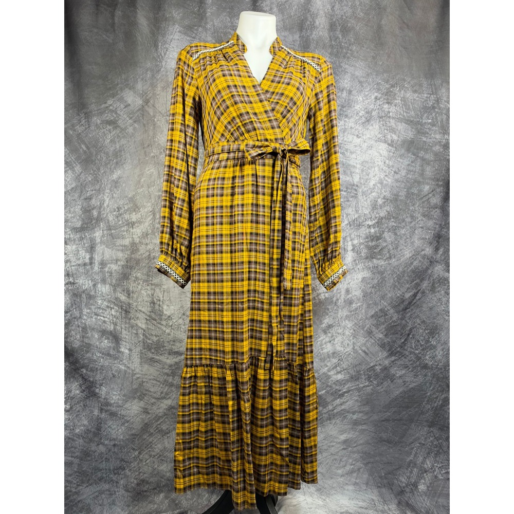 NWT Anthropologie Maxi Dress $180 Women Small Yellow Plaid Long Sleeve Wrap Tie